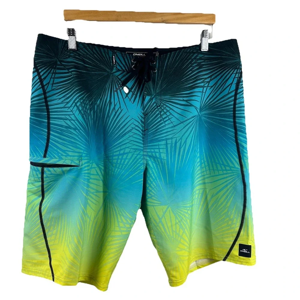 ONeill Hyperfreak Mens Board Shorts Blue Yellow Palm Print Zip Pocket Stretch 36